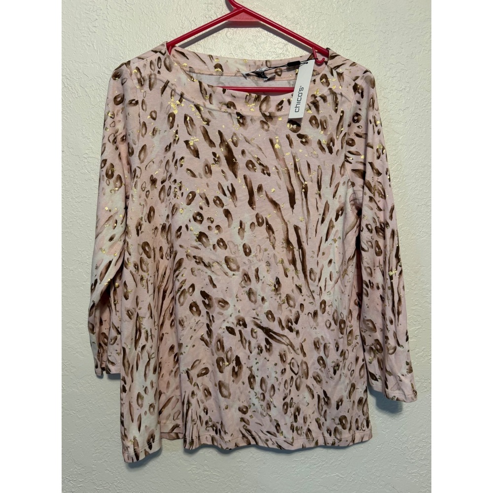 Chico's Pink Animal Print Gold Foil Pima Cotton Top 570410289 Size 1 M